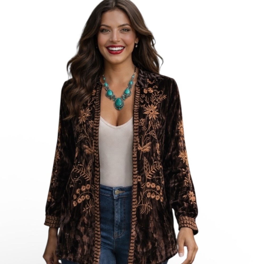 Johnny Was Georgina embroidered velvet oversized shirt NWT